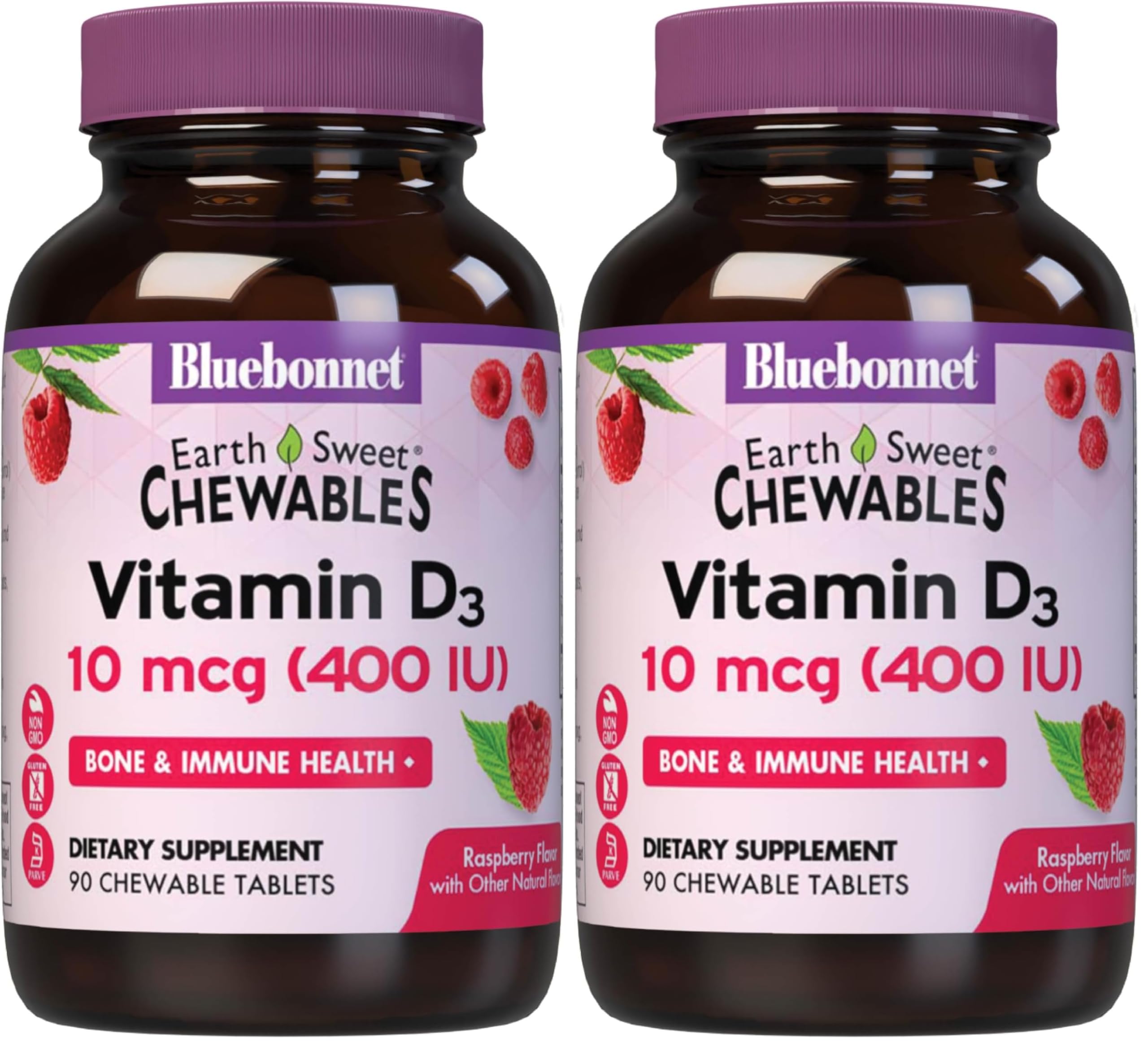 BlueBonnet Nutrition EarthSweet D3 400 IU raspberry-flavored chewable bottle front