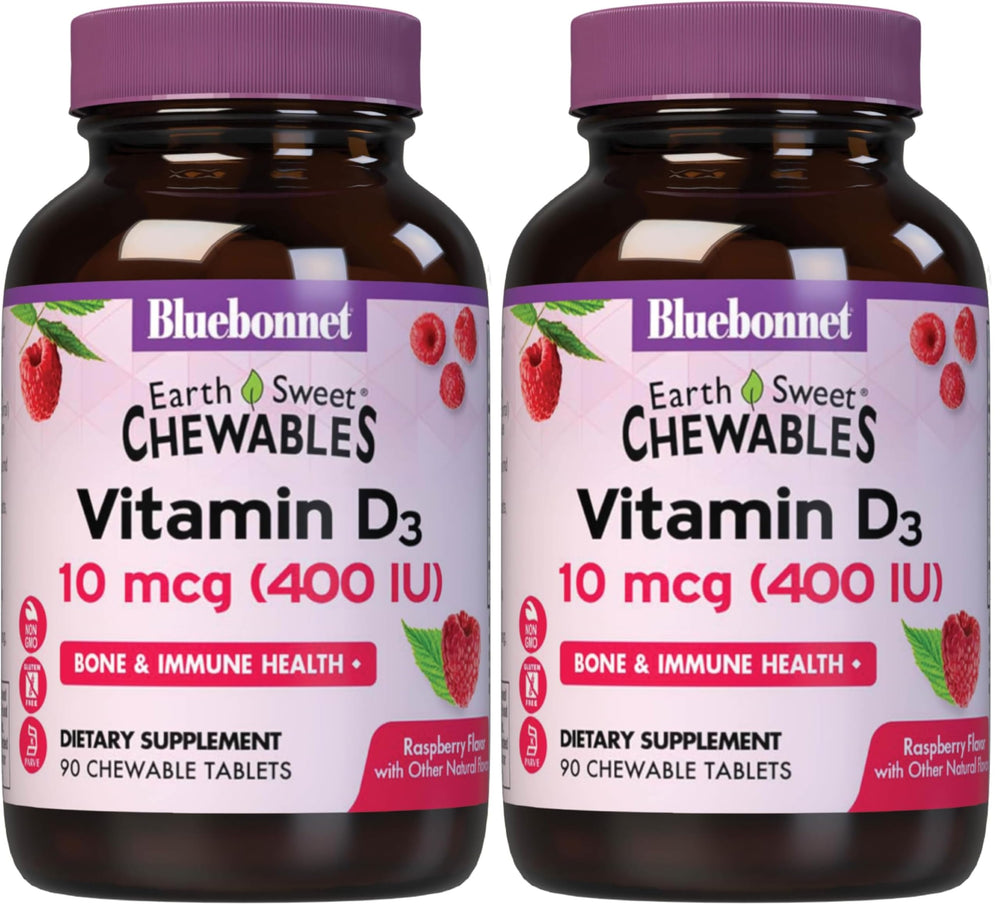 BlueBonnet Nutrition EarthSweet D3 400 IU raspberry-flavored chewable bottle front