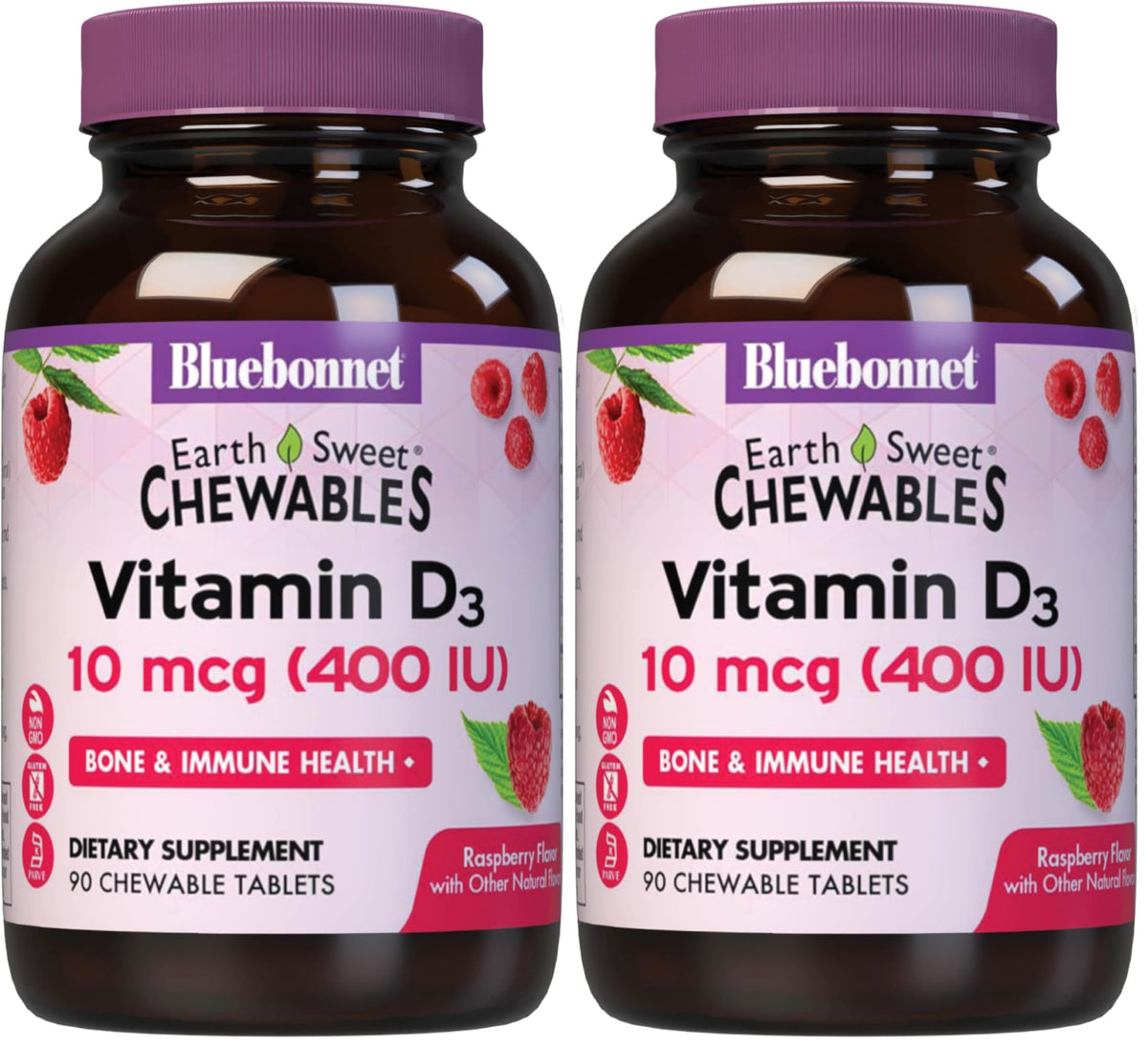 BlueBonnet Nutrition EarthSweet D3 400 IU raspberry-flavored chewable bottle front