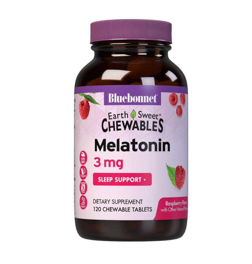 Bottle of Bluebonnet EarthSweet Melatonin 3 mg chewables Raspberry flavor