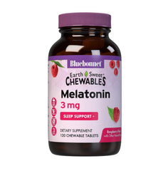 Bottle of Bluebonnet EarthSweet Melatonin 3 mg chewables Raspberry flavor