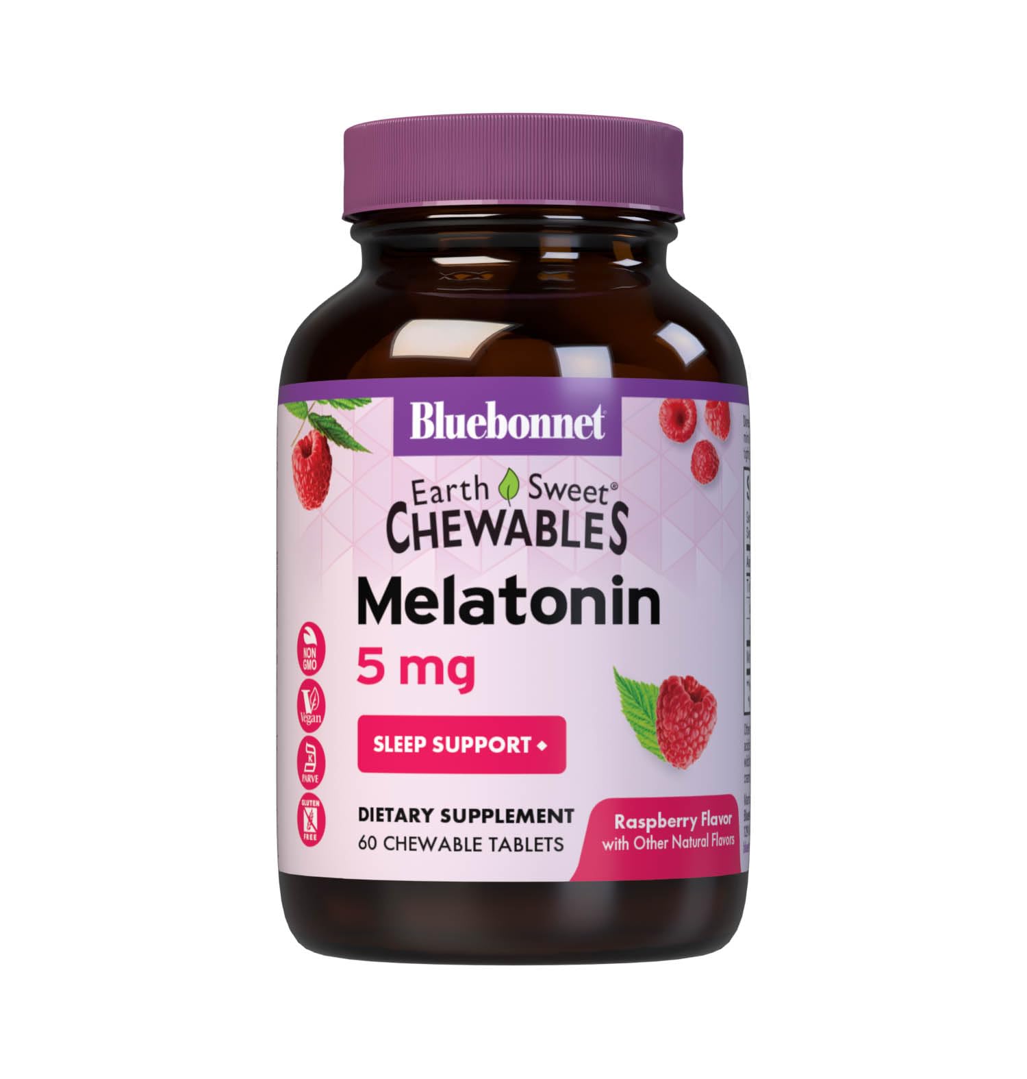 Bluebonnet EarthSweet Melatonin 5 mg chewables bottle label with Raspberry flavor