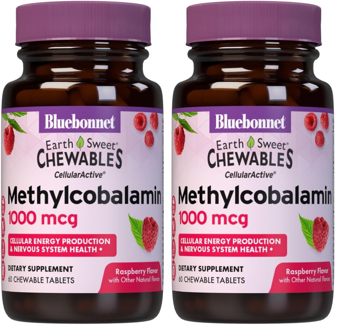 Front view of BlueBonnet EarthSweet Methylcobalamin 1,000 mcg Raspberry Flavor chewable tablets (pack of 2)