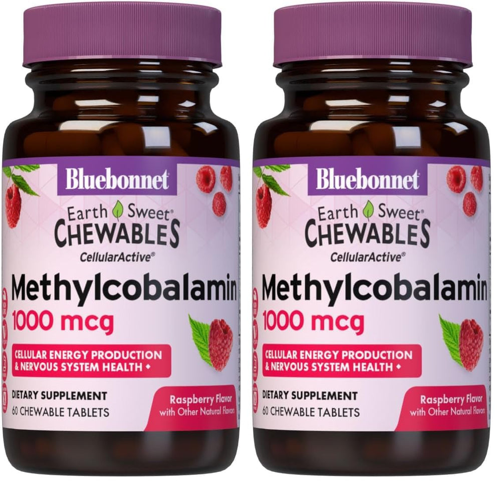 Front view of BlueBonnet EarthSweet Methylcobalamin 1,000 mcg Raspberry Flavor chewable tablets (pack of 2)
