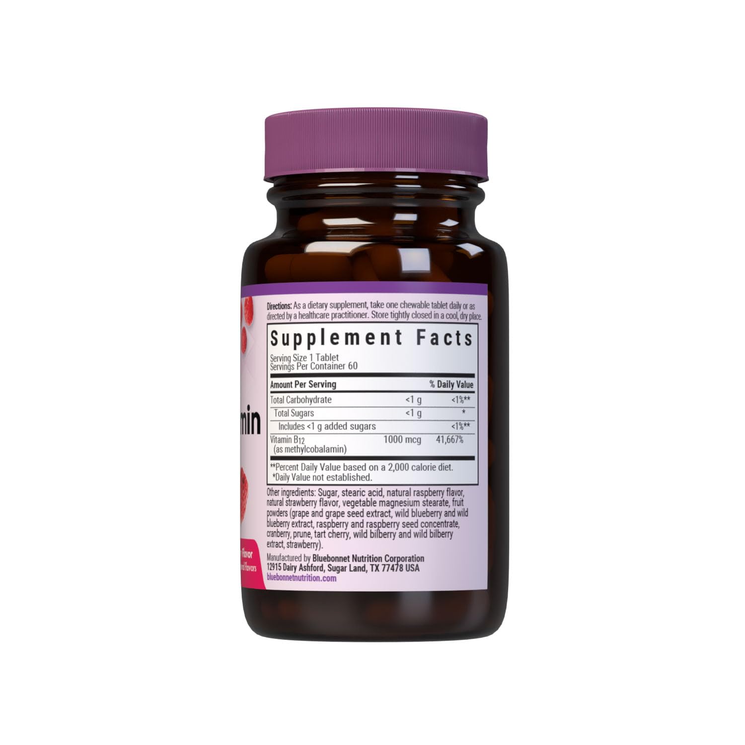 Bottle label showing 1,000 mcg methylcobalamin, vegan and gluten-free, Raspberry flavor