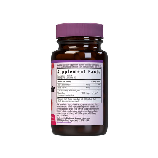 Bottle label showing 1,000 mcg methylcobalamin, vegan and gluten-free, Raspberry flavor