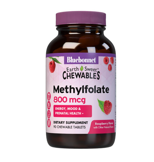 Bottle of Bluebonnet EarthSweet Methylfolate 800 mcg with Raspberry flavor