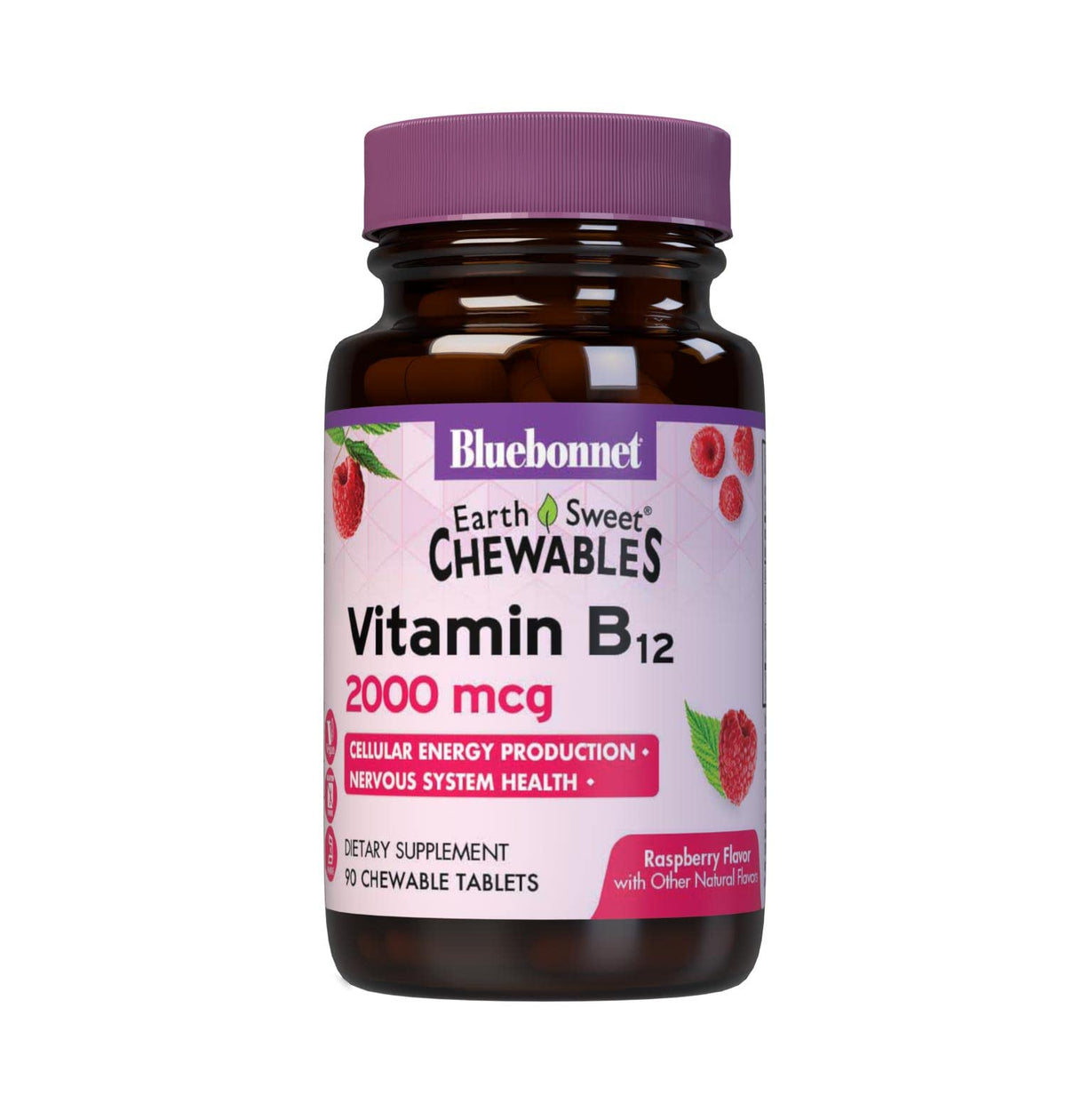 BlueBonnet EarthSweet Vitamin B12 2000 mcg Raspberry Chewables package - 90 tablets