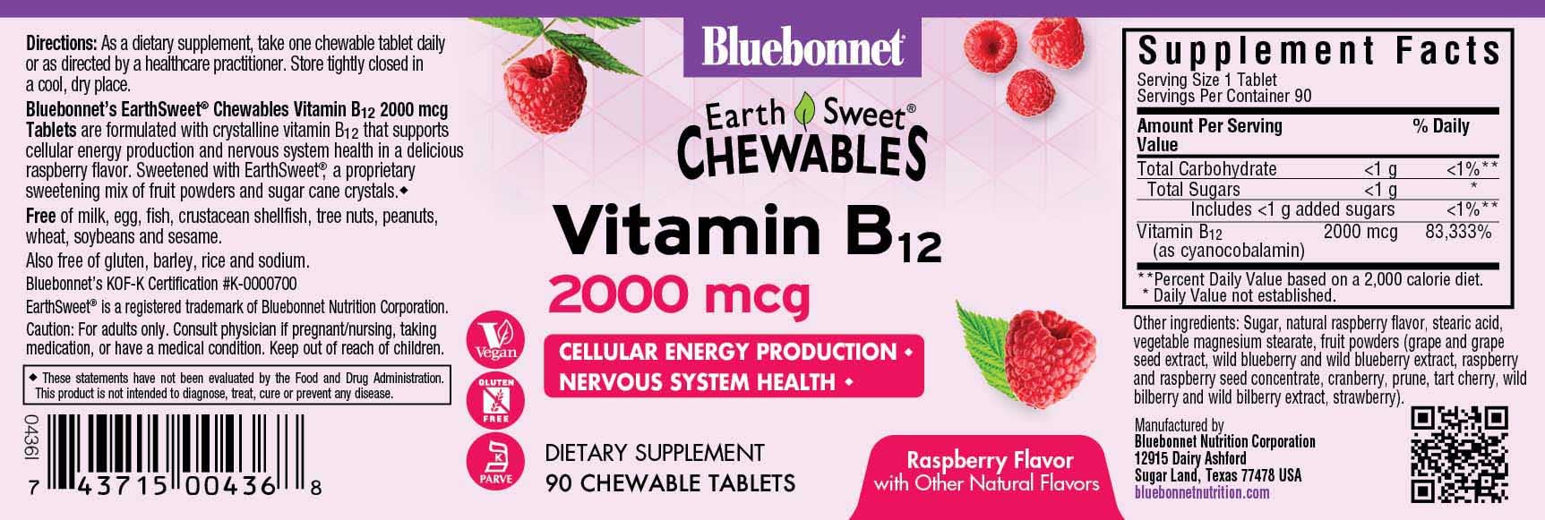 Bottle of BlueBonnet EarthSweet Vitamin B12 2000 mcg Raspberry chewables - 90 tablets