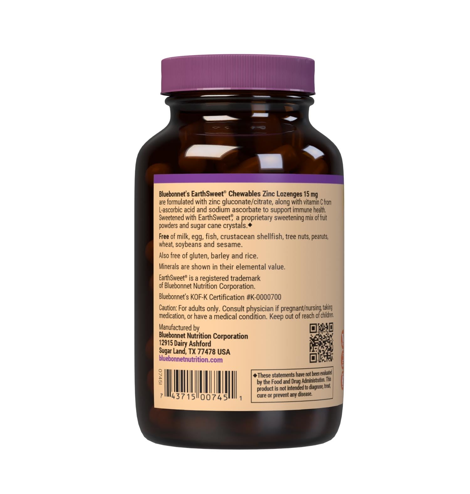 Ingredients and EarthSweet blend visuals for Bluebonnet Zinc Lozenges