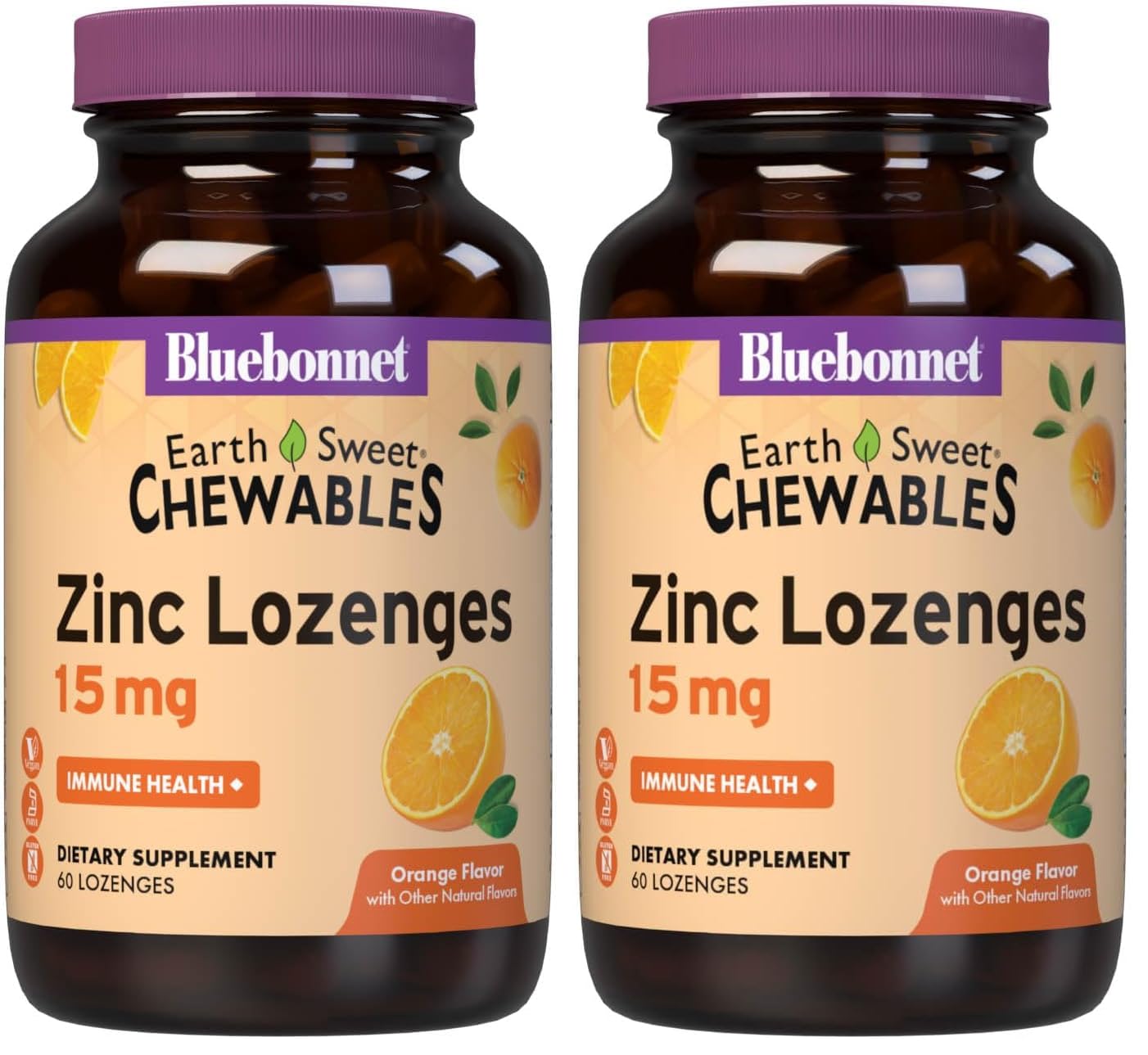 Bluebonnet Nutrition EarthSweet Zinc Lozenges Orange Flavor – 60 lozenges per pack, Pack of 2