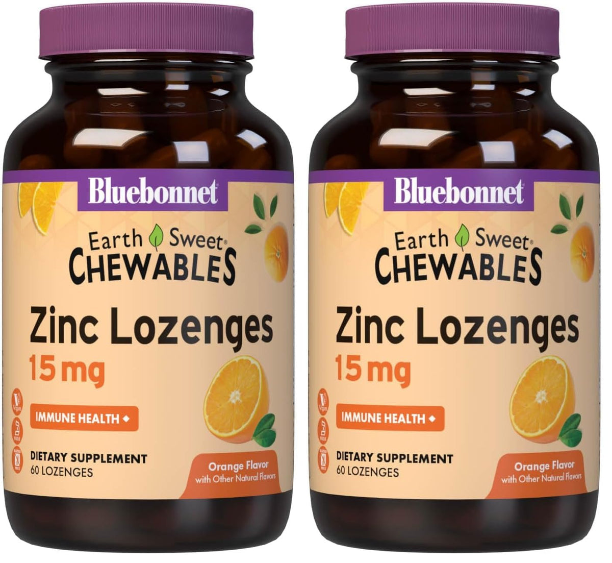 Bluebonnet Nutrition EarthSweet Zinc Lozenges Orange Flavor – 60 lozenges per pack, Pack of 2