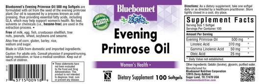 Close-up of BlueBonnet Evening Primrose Oil Softgels capsules and label