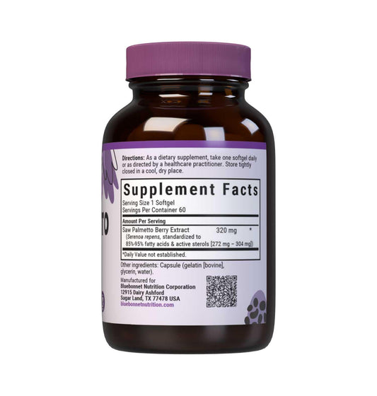 Close-up of the Saw Palmetto Berry Extract softgels and supplement facts