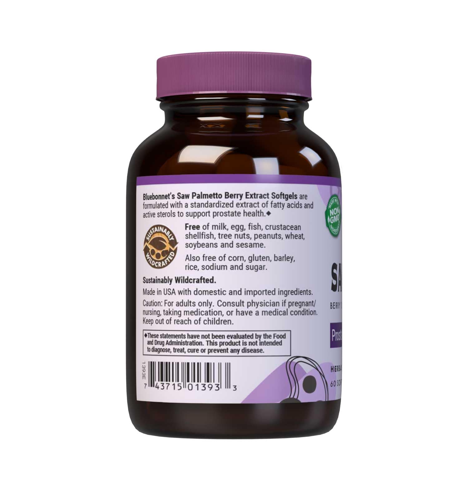 BlueBonnet Saw Palmetto Berry Extract packaging showing Non-GMO, gluten-free, and soy-free labels