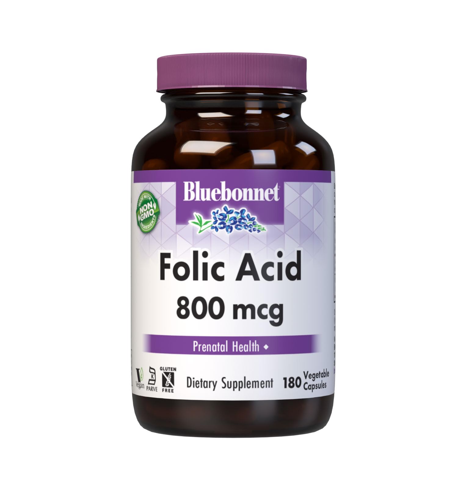 BlueBonnet Folic Acid 800mcg bottle label – 180 vegetarian capsules