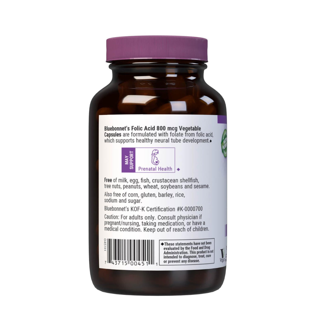 BlueBonnet Folic Acid 800mcg packaging – Non-GMO, vegan, kosher certified