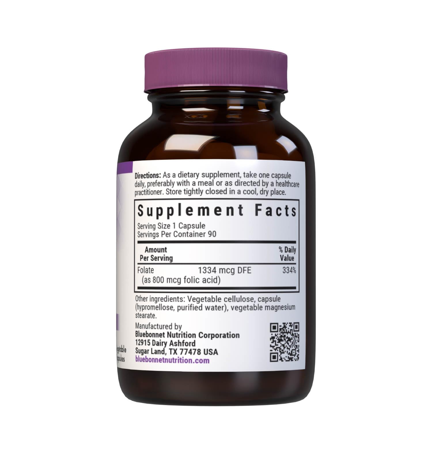 Close-up of BlueBonnet Folic Acid 800 mcg Vegetable Capsules bottle