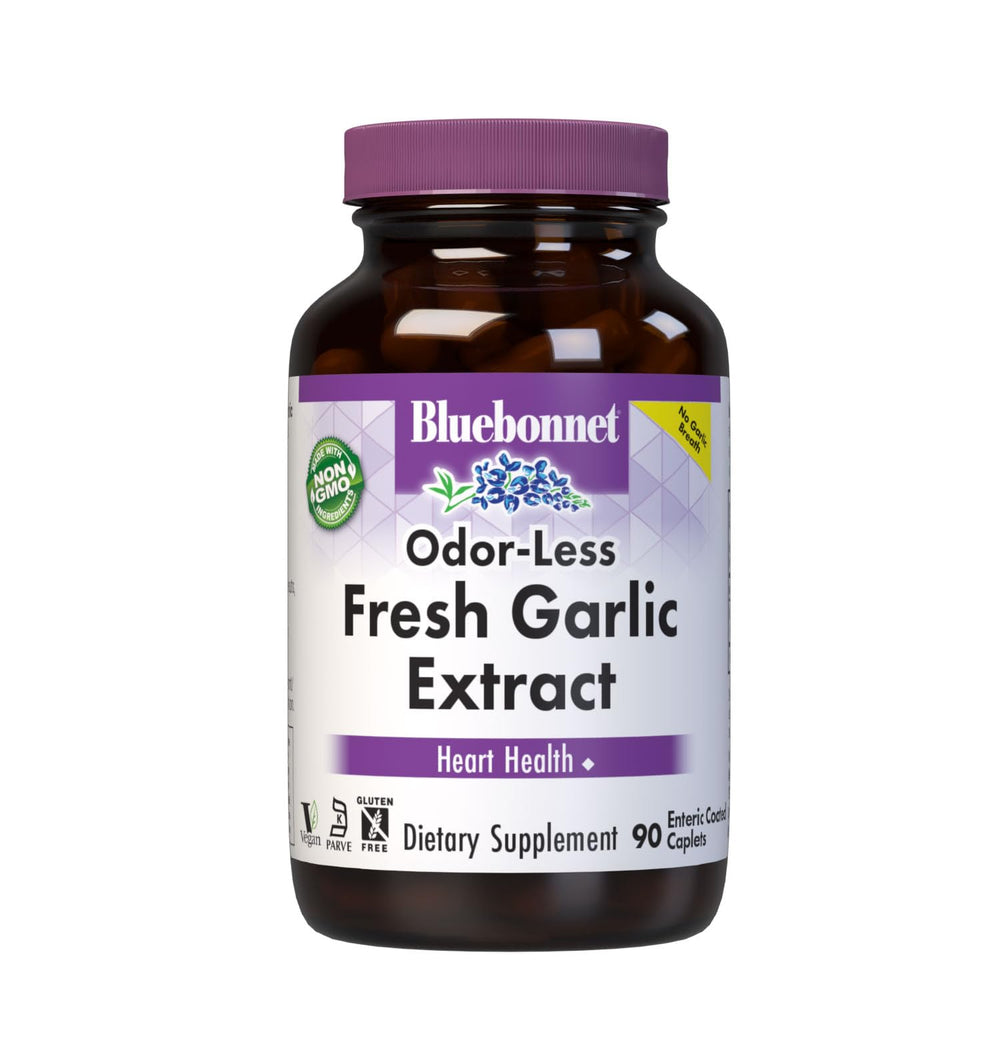 BlueBonnet Standardized Fresh Garlic Extract supplement bottle with 90 odor-free enteric-coated caplets