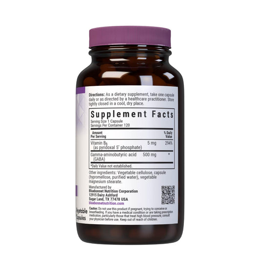 Product label for BlueBonnet GABA 500 mg with GABA and P5P