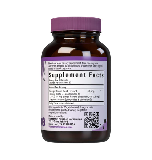 Close-up of 60 vegetable capsules for BlueBonnet Ginkgo Biloba supplement