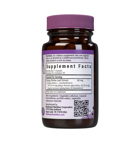 Close-up of BlueBonnet Ginkgo Biloba Leaf Extract Capsules in bottle