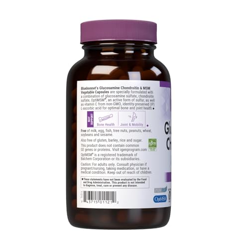 BlueBonnet Glucosamine Chondroitin Plus MSM label highlights non-GMO and allergen-free notes.