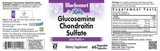 Close-up of BlueBonnet Glucosamine Chondroitin Sulfate ingredients label on bottle