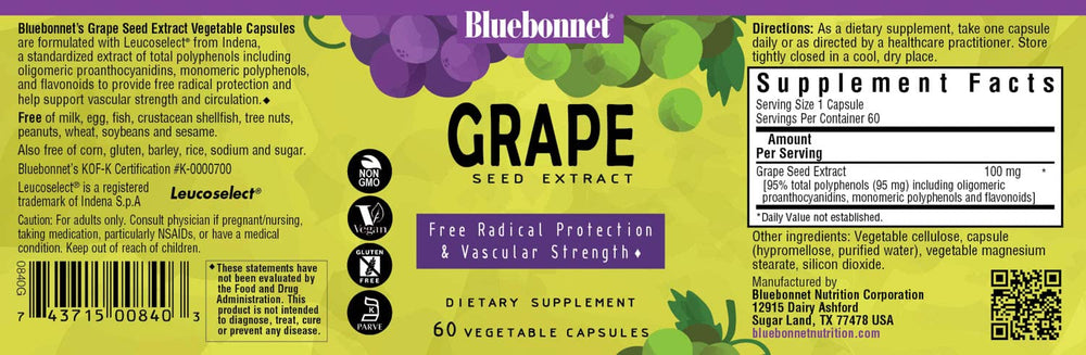 Close-up of BlueBonnet Grape Seed Extract capsules and packaging highlighting 100 mg Leucoselect and 95% polyphenols