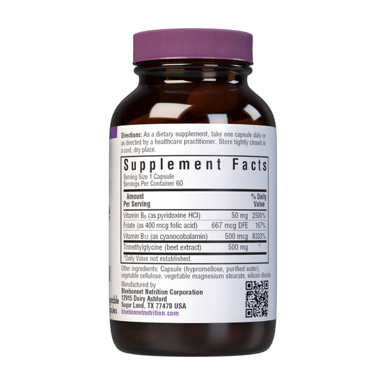 Close-up of key ingredients: Vitamin B6, B12, Folic Acid, and 500 mg Trimethylglycine