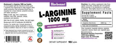 Close-up of BlueBonnet L-Arginine 1000 mg Caplets label on bottle