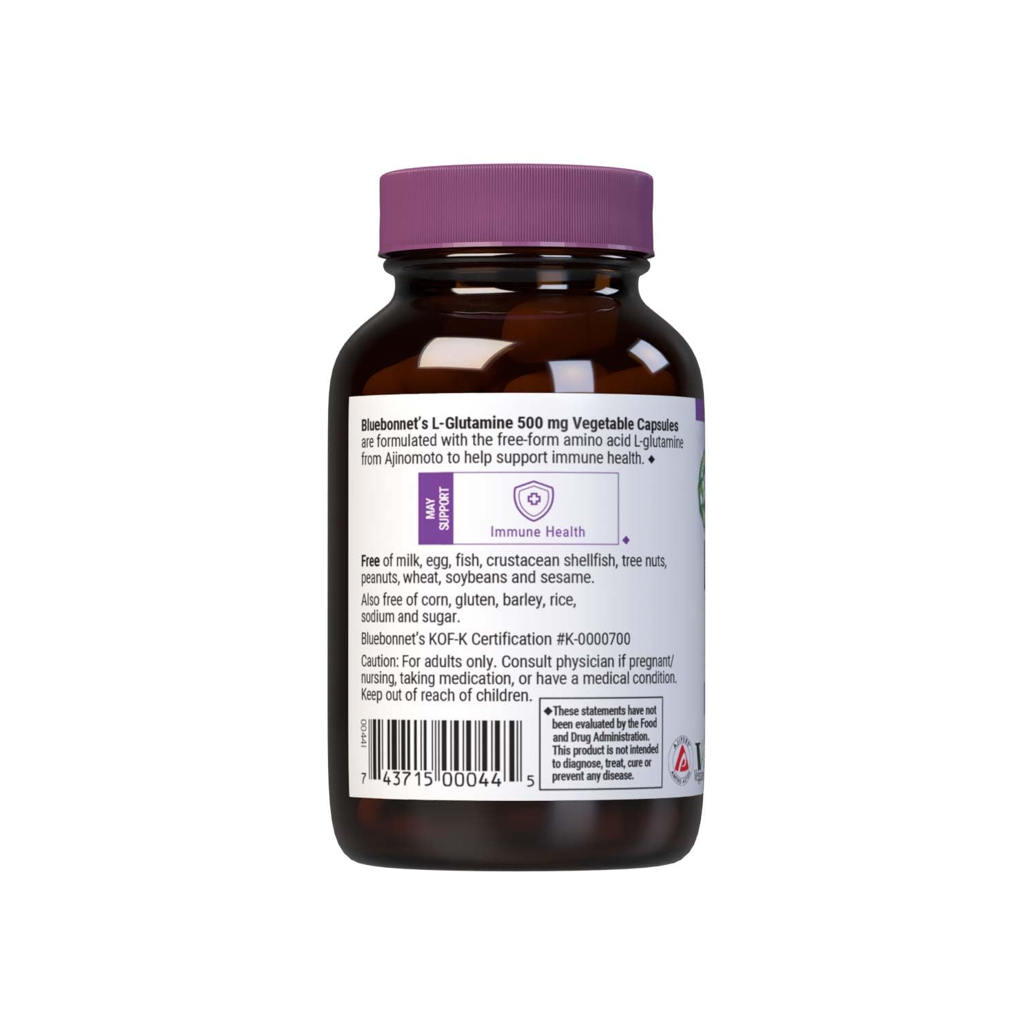 Front of Bluebonnet L-Glutamine 500 mg bottle with 50 capsules