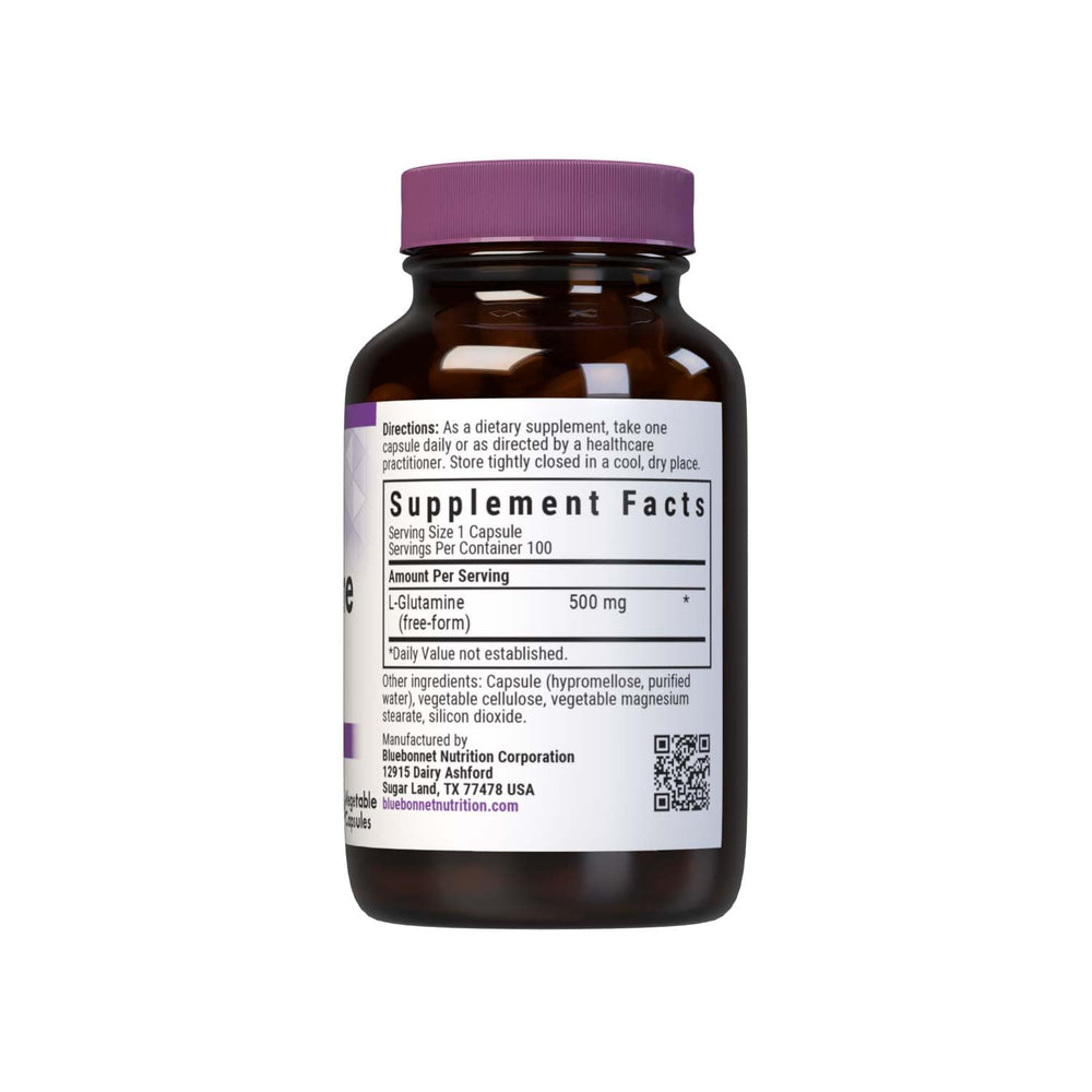 Close-up of Bluebonnet L-Glutamine 500 mg free-form L-glutamine capsules