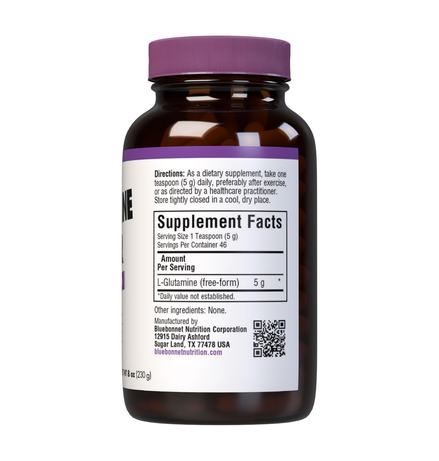 Container label showing 5 g per serving and 46 servings