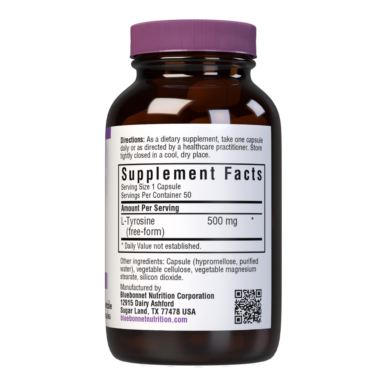 Bluebonnet L-Tyrosine 500 mg vegetable capsules packaging label