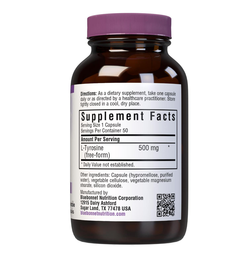 Bluebonnet L-Tyrosine 500 mg vegetable capsules packaging label