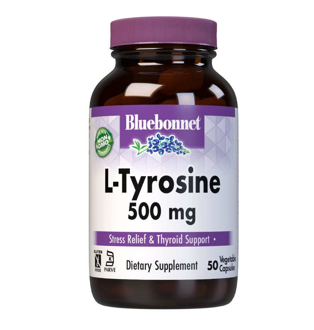 Front view of Bluebonnet L-Tyrosine 500 mg Vegetable Capsules bottle