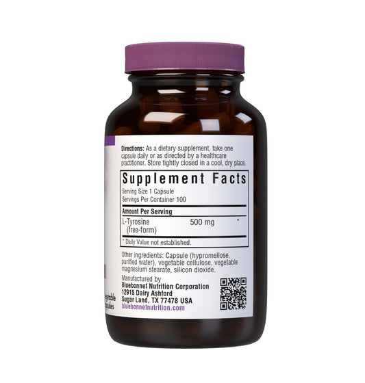 Close-up of Bluebonnet L-Tyrosine 500 mg capsules per serving