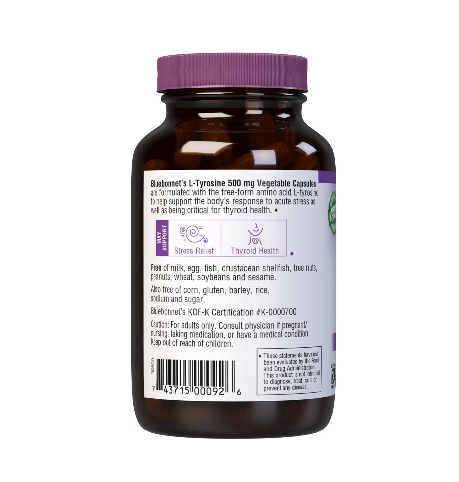 Allergen-free labeling for Bluebonnet L-Tyrosine 500 mg capsules