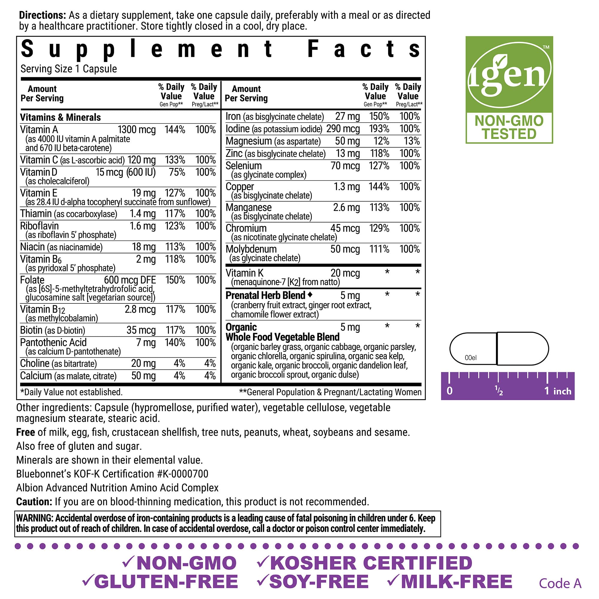 Close-up of the product label on BlueBonnet Ladies’ One Prenatal