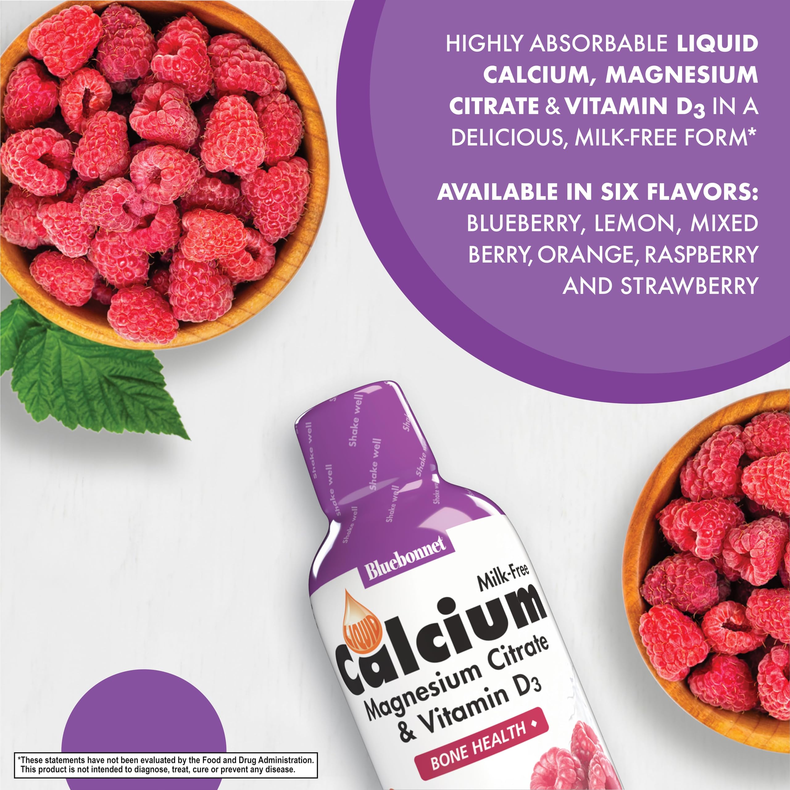 Close-up of Bluebonnet Raspberry Liquid Calcium Magnesium Citrate bottle