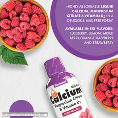 Close-up of Bluebonnet Raspberry Liquid Calcium Magnesium Citrate bottle