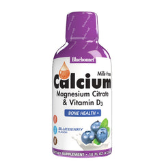 Bluebonnet Liquid Calcium Magnesium Citrate Plus Vitamin D3 bottle with blueberry flavor, 16 oz