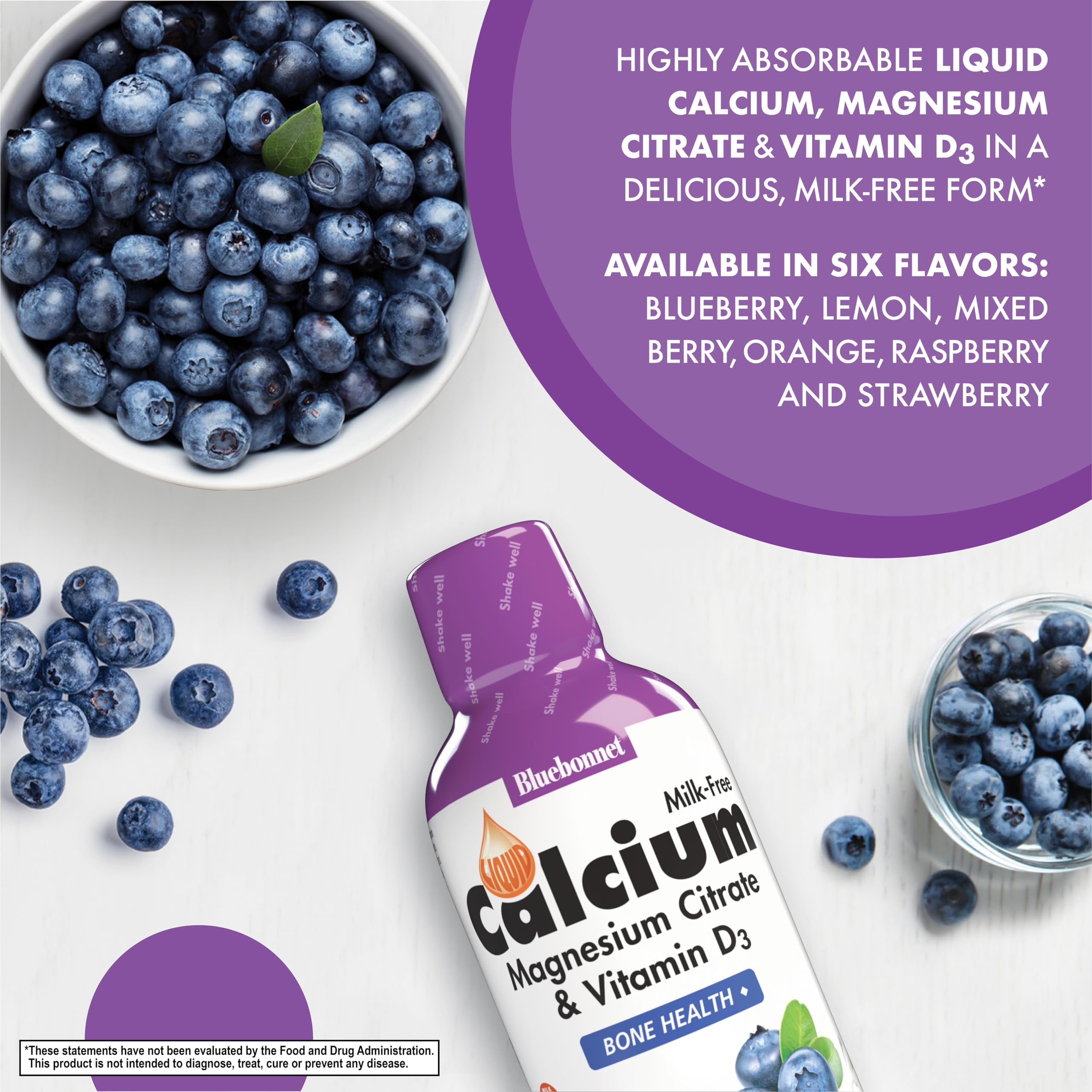 Pouring blueberry-flavored liquid calcium magnesium supplement