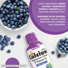 Pouring blueberry-flavored liquid calcium magnesium supplement