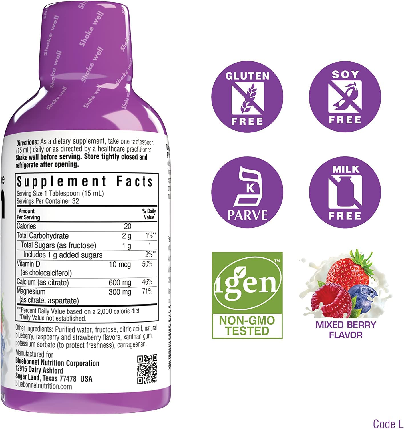 Label showing Vitamin D3 calcium and magnesium amounts on bottle
