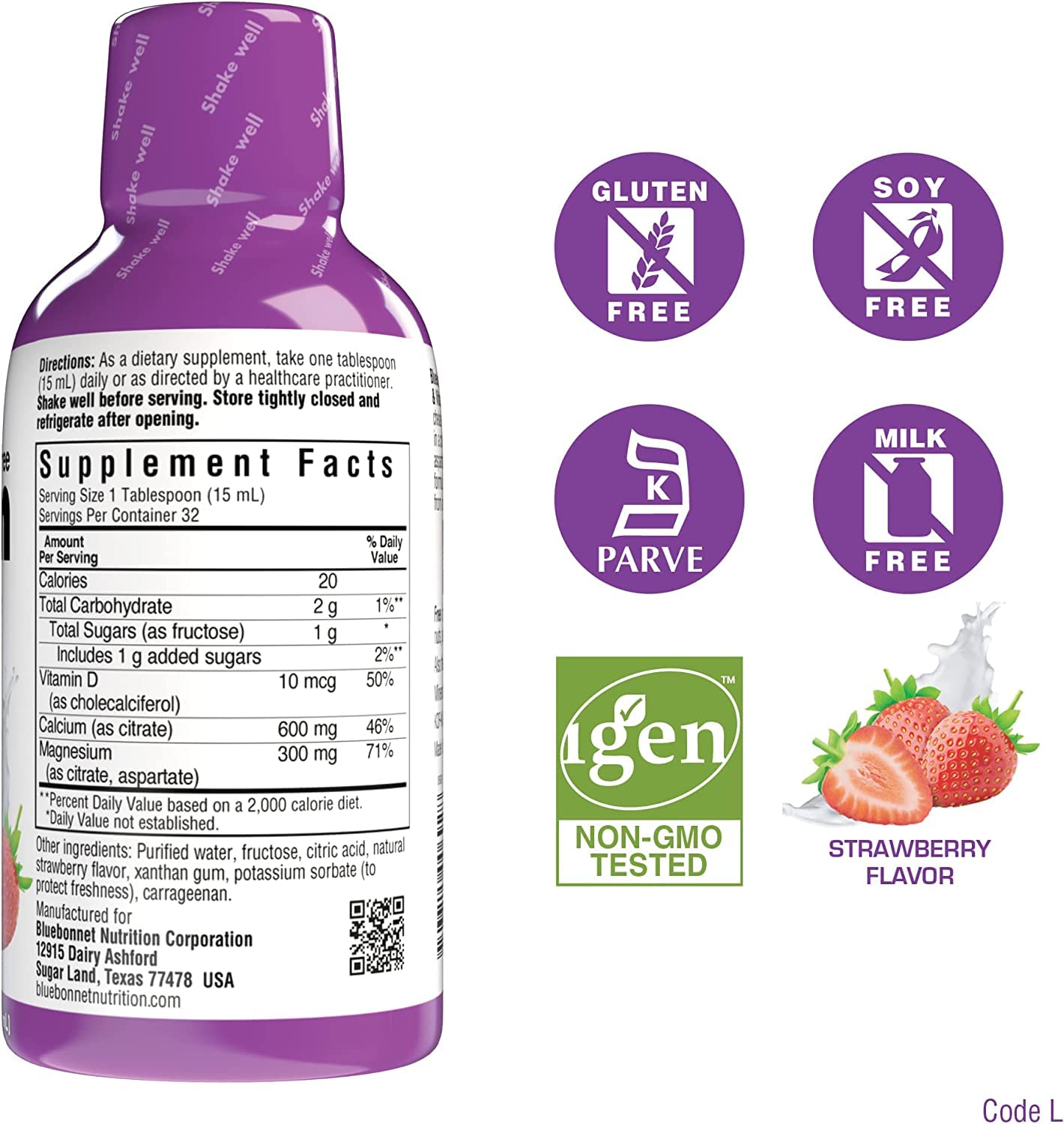 Bluebonnet Nutrition Liquid Calcium Magnesium Citrate with Vitamin D3 Mix Berry flavor bottle 16 oz