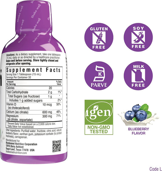 Bluebonnet Nutrition Liquid Calcium Magnesium Citrate with Vitamin D3 Strawberry flavor bottle 16 oz