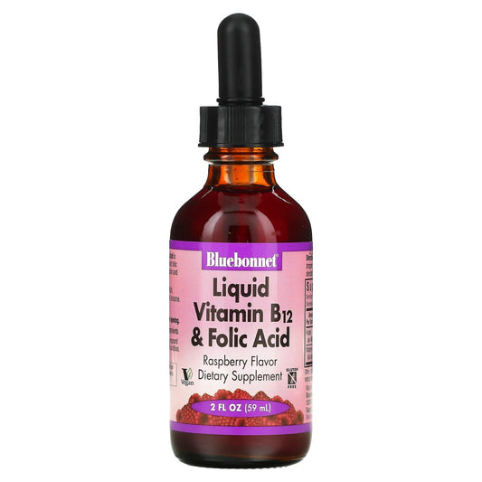 Front view of Bluebonnet Nutrition Liquid Vitamin B12 & Folic Acid bottle with raspberry flavor