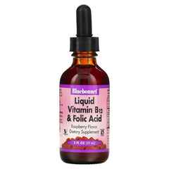 Front view of Bluebonnet Nutrition Liquid Vitamin B12 & Folic Acid bottle with raspberry flavor
